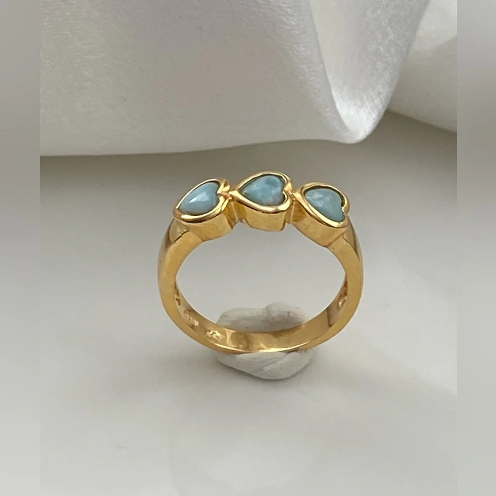 R45-High Quality Natural Caribbean Larimar 3 Hearts S925 Ring Size 8 - Picture 5 of 7